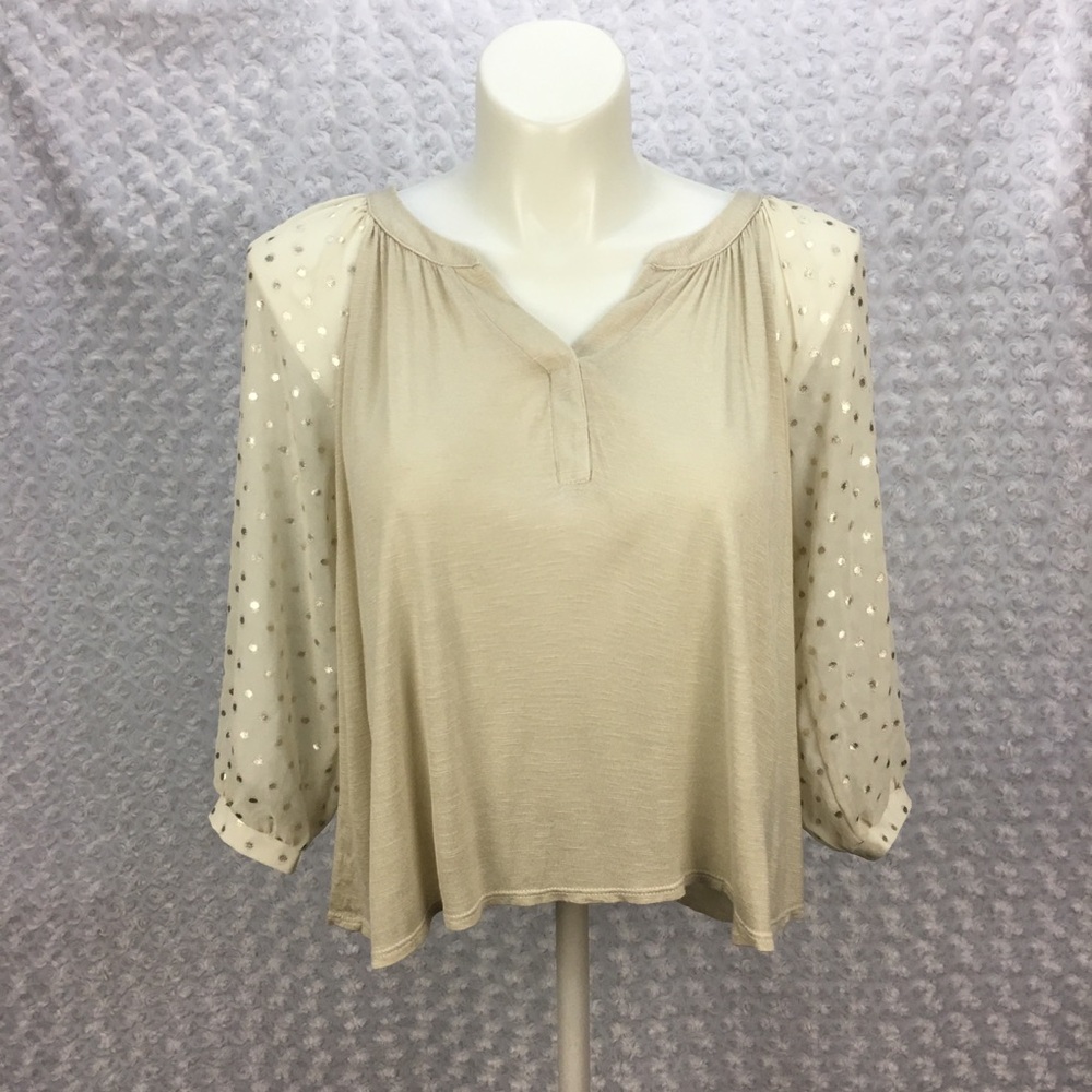 Cream Flowy Top Sheer‎ Sleeve Gold Dots Button Cuff